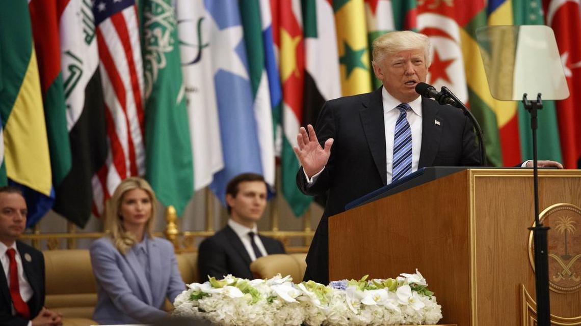 President Donald Trump delivers a speech to the Arab Islamic American Summit, at the King Abdulaziz Conference Center, Sunday, May 21, 2017, in Riyadh, Saudi Arabia. From left, White House Chief of Staff Reince Priebus, Trump’s daughter, Ivanka Trump and White House adviser Jared Kushner. As Trump ended a nine-day overseas trip that aides considered the most successful stretch of his presidency, he returned to reports that Kushner is a focus of investigations into possible collusion between Russia and the president’s campaign and transition teams.