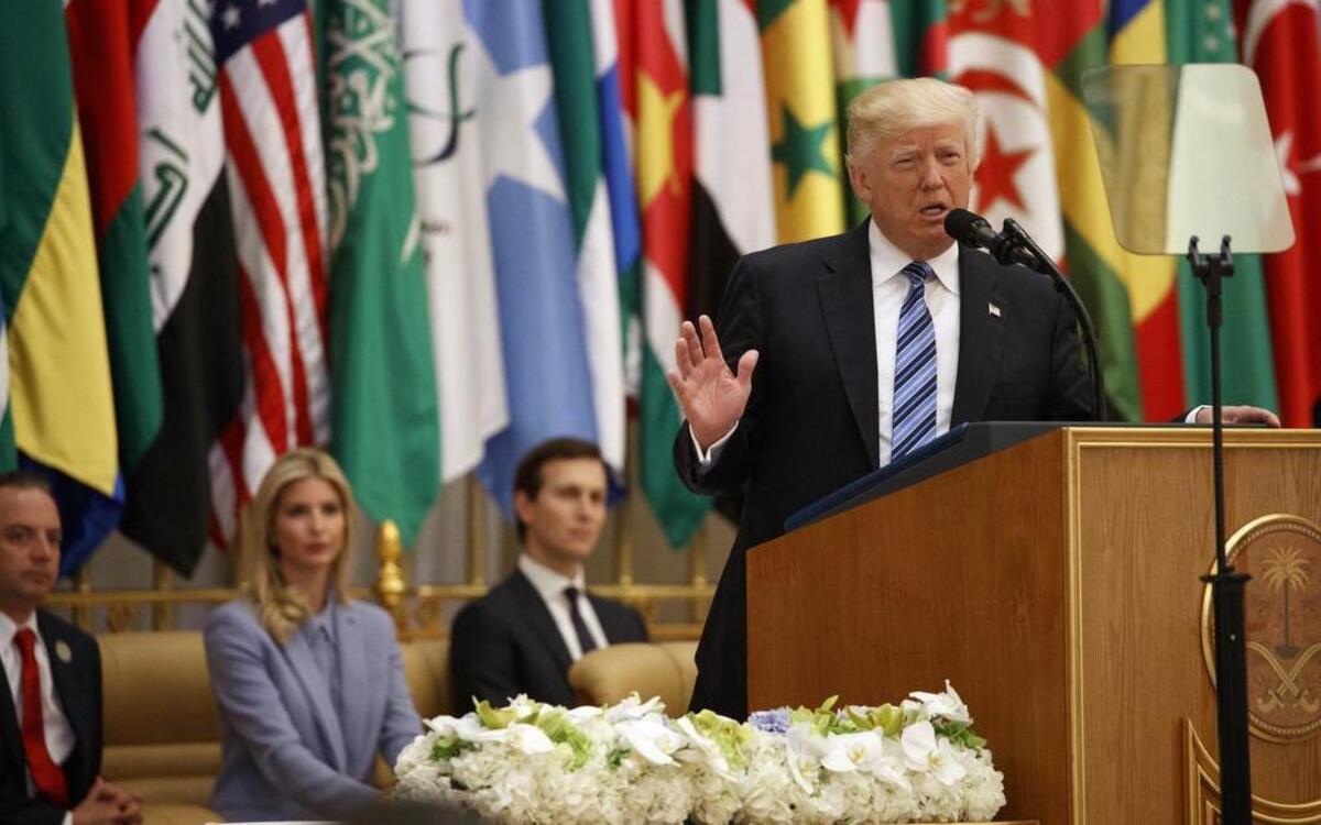 President Donald Trump delivers a speech to the Arab Islamic American Summit, at the King Abdulaziz Conference Center, Sunday, May 21, 2017, in Riyadh, Saudi Arabia. From left, White House Chief of Staff Reince Priebus, Trump’s daughter, Ivanka Trump and White House adviser Jared Kushner. As Trump ended a nine-day overseas trip that aides considered the most successful stretch of his presidency, he returned to reports that Kushner is a focus of investigations into possible collusion between Russia and the president’s campaign and transition teams.