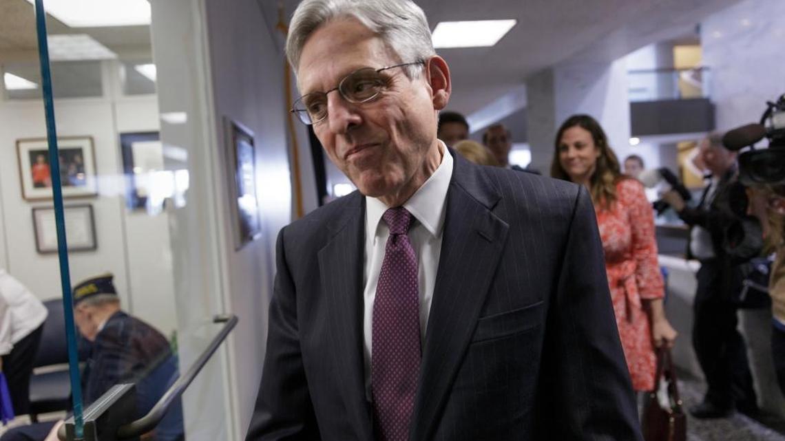 Judge Merrick Garland, President Barack Obama’s choice to replace the late Justice Antonin Scalia on the Supreme Court, arrives for a meeting on Capitol Hill on April 14, 2016.