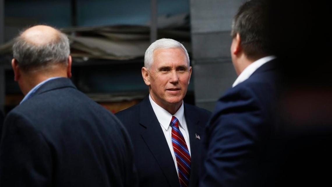 Vice President Mike Pence meets with small business owners at the Frame USA facility, Thursday, March 2, 2017, in Springdale, Ohio.