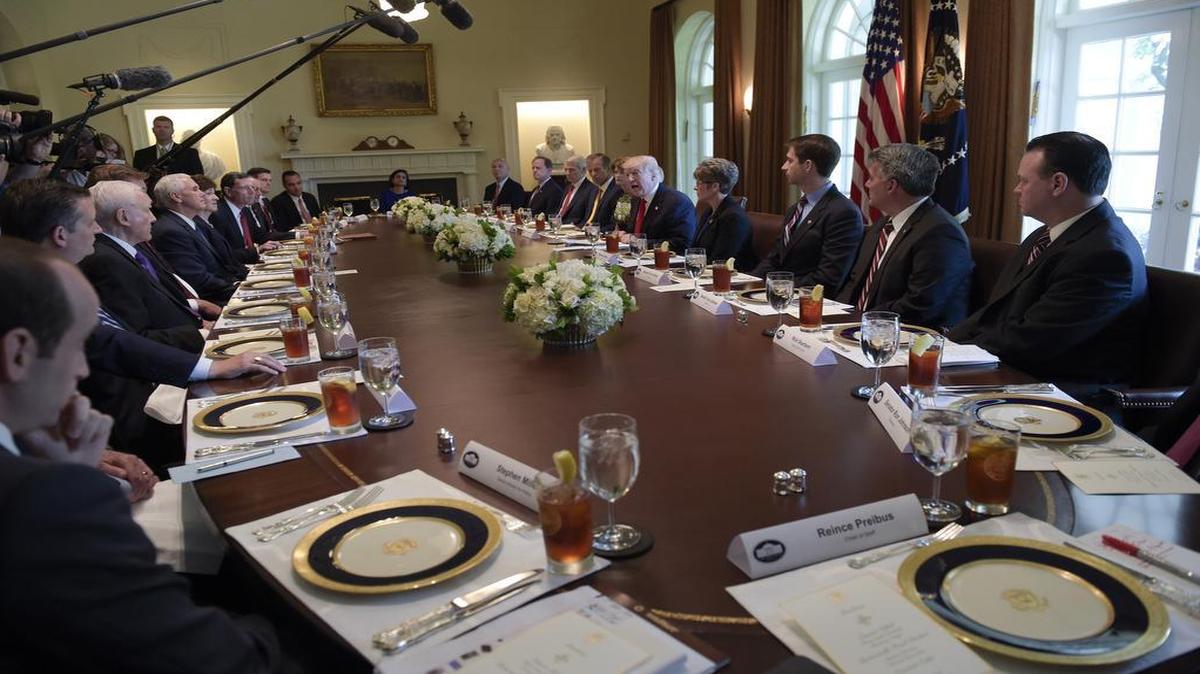 President Donald Trump speaks in the Cabinet Room of the White House in Washington, Tuesday, June 13, 2017, before having lunch with Republican Senators.