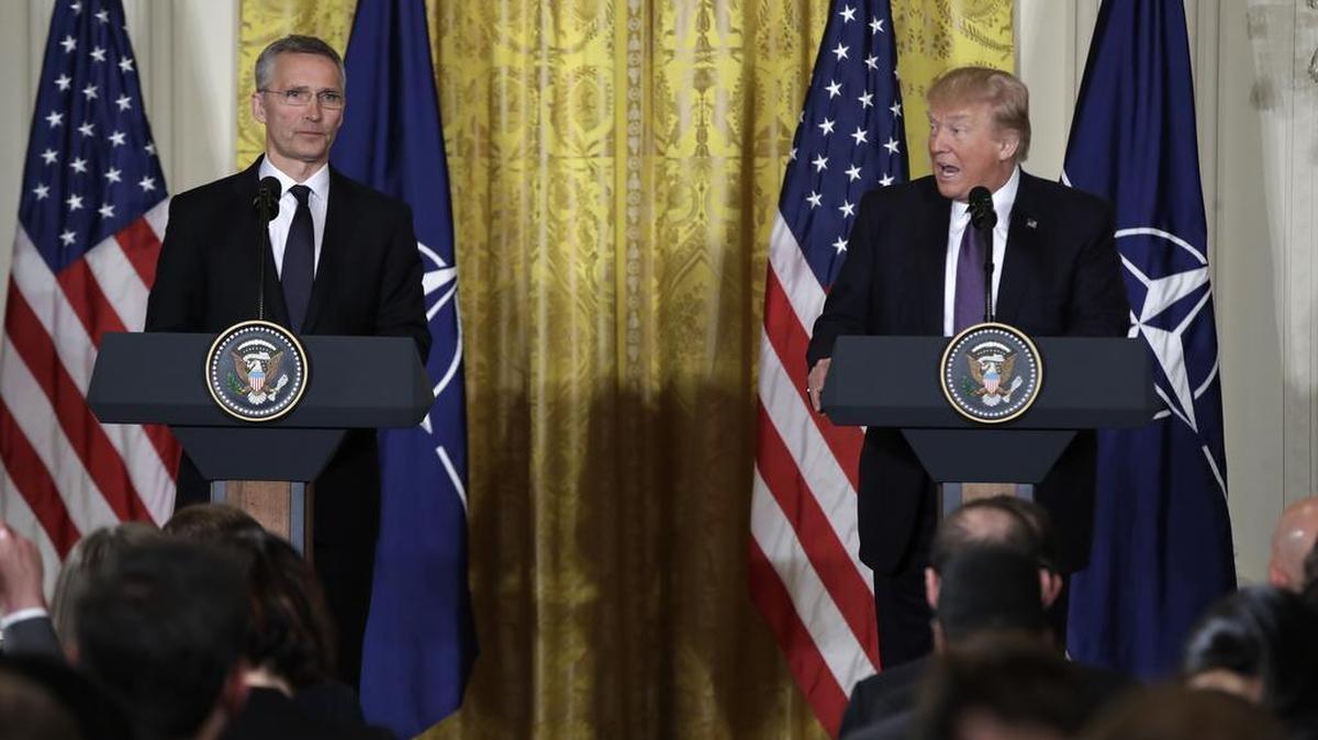 President Donald Trump speaks during a news conference with NATO Secretary General Jens Stoltenberg in the East Room of the White House in Washington, Wednesday, April 12, 2017.