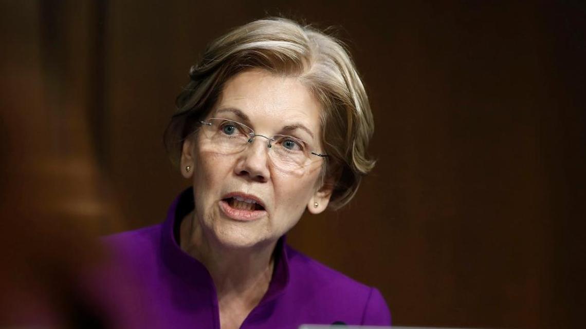 FILE - In this Nov. 28, 2017 file photo, Sen. Elizabeth Warren, D-Mass., speaks during a Senate Banking, Housing, and Urban Affairs Committee hearing on Capitol Hill in Washington. Republicans say they would love to run against her for president in 2020.