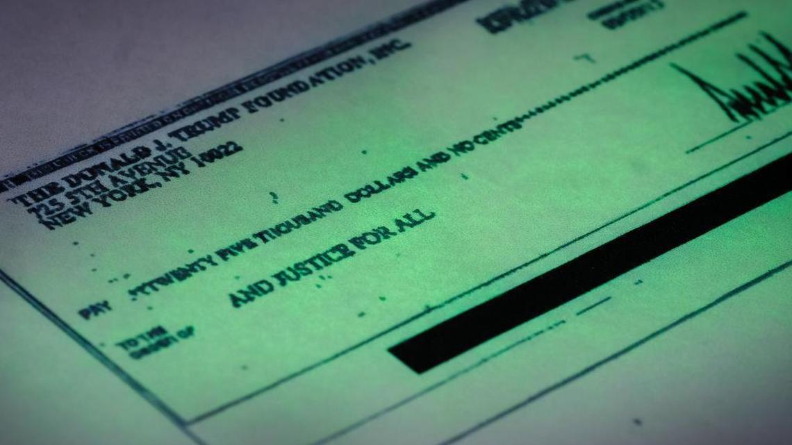 A copy of a check provided by the New York state attorney general that shows a payment of $25,000 from the Donald J. Trump Foundation to And Justice For All signed by Donald J. Trump. The $25,000 check was sent from his personal foundation to a political committee supporting Florida Attorney General Pam Bondi. Charities are barred from engaging in political activities. Trump’s campaign contends that the 2013 check from the Trump Foundation was mistakenly issued following a series of clerical errors and that Trump intended to use personal funds.