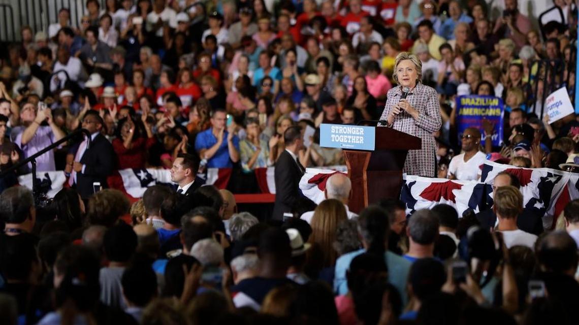 Democratic presidential candidate Hillary Clinton speaks during a campaign stop in Coral Springs, Fla., a swing state where she’s leading in two new polls.
