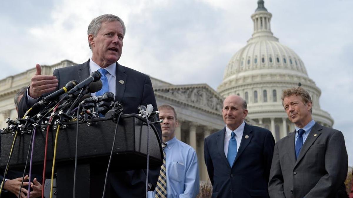 Rep. Mark Meadows, R-N.C., left, accompanied by Reps. Jim Jordan, R-Ohio, and Louie Gohmert, R-Texas, and Sen. Rand Paul, R-Ky., speaks about health care on Capitol Hill in Washington, March 7, 2017. Meadows led a group of conservatives who opposed the GOP health care measure supported by President Donald Trump.