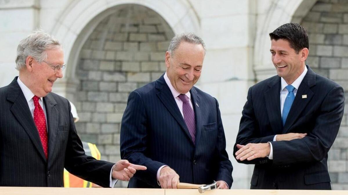 Hammer or gavel? November’s election could take the Senate majority from Mitch McConnell and hand it over to Charles Schumer. Paul Ryan, right, has his own gavel in the House, at least for now.