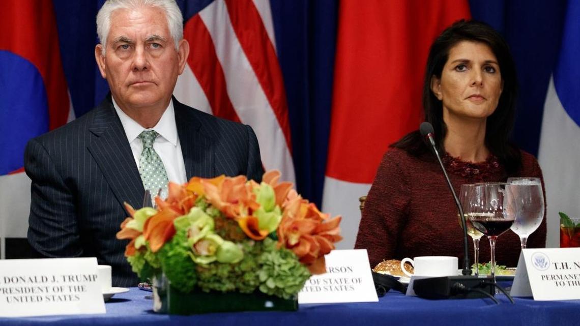 Secretary of State Rex Tillerson, left, and US Ambassador to the United Nations Nikki Haley wait for the arrival of President Donald Trump, South Korean President Moon Jae-in, and Japanese Prime Minister Shinzo Abe to a luncheon, at the Palace Hotel during the United Nations General Assembly last year.