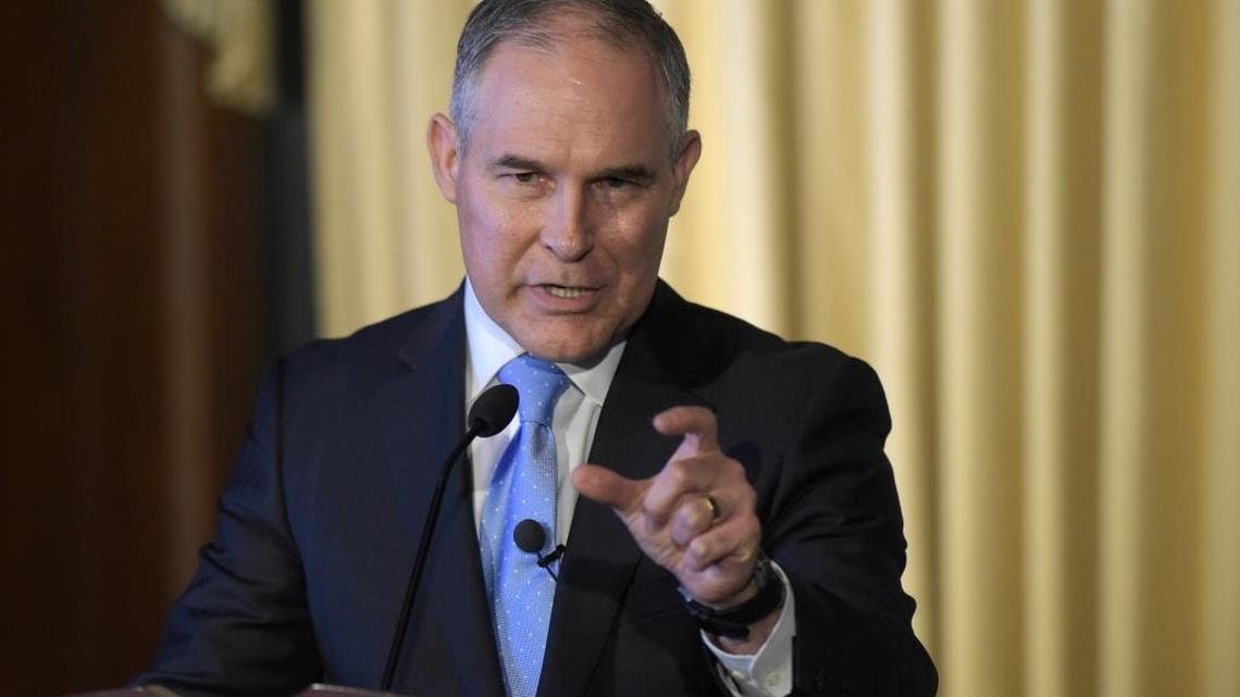 In this Feb. 21, 2017, file photo, Environmental Protection Agency Administrator Scott Pruitt speaks in Washington. President Donald Trump is proposing to cut a third of the EPA’s funding.