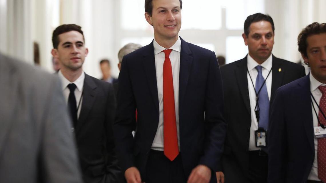 White House senior adviser Jared Kushner, center, arrives for the opening of the U.S.-China Comprehensive Economic Dialogue, Wednesday, July 19, 2017, at the Treasury Department in Washington.