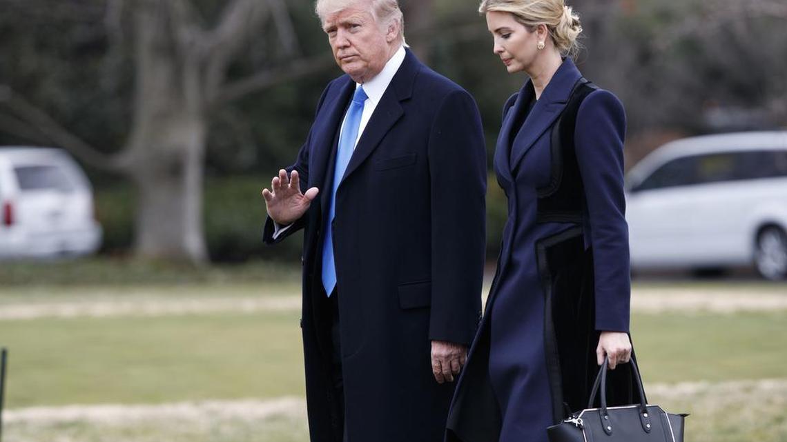 President Donald Trump, accompanied by his daughter Ivanka, waves as they walk to board Marine One on the South Lawn of the White House in Washington, Wednesday, Feb. 1, 2017.