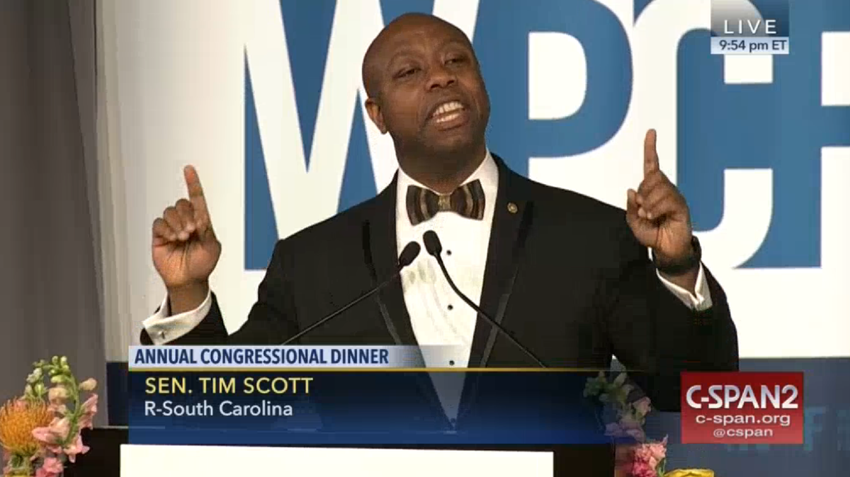 Sen. Tim Scott, R-S.C., speaks at the 73rd Annual Congressional Dinner in Washington, D.C. on March 1, 2017.