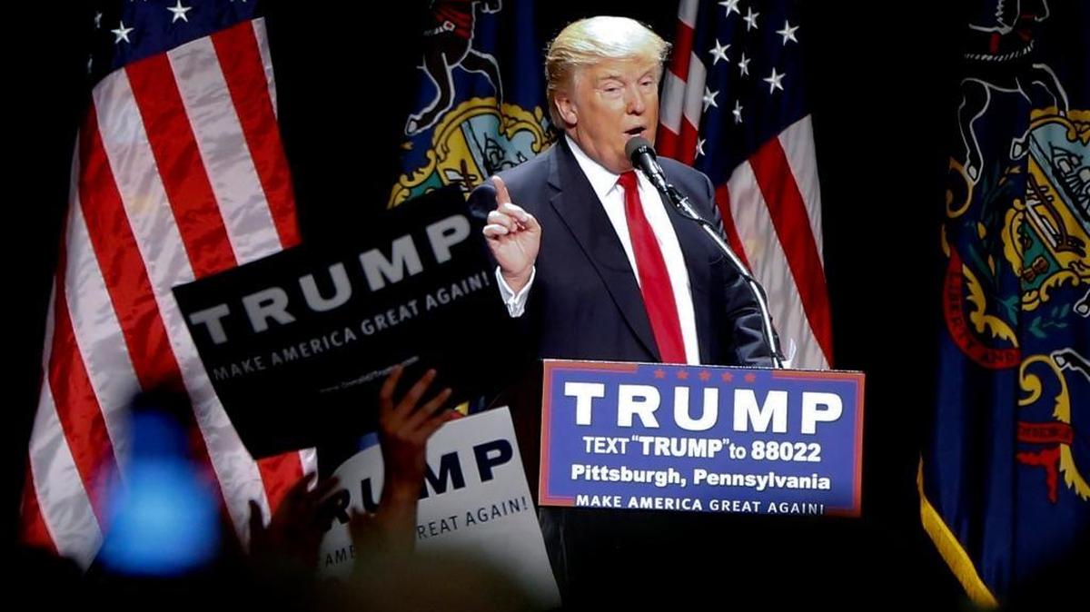 Republican presidential candidate Donald Trump speaks during a campaign rally in Pittsburgh, Wednesday, April 13, 2016.