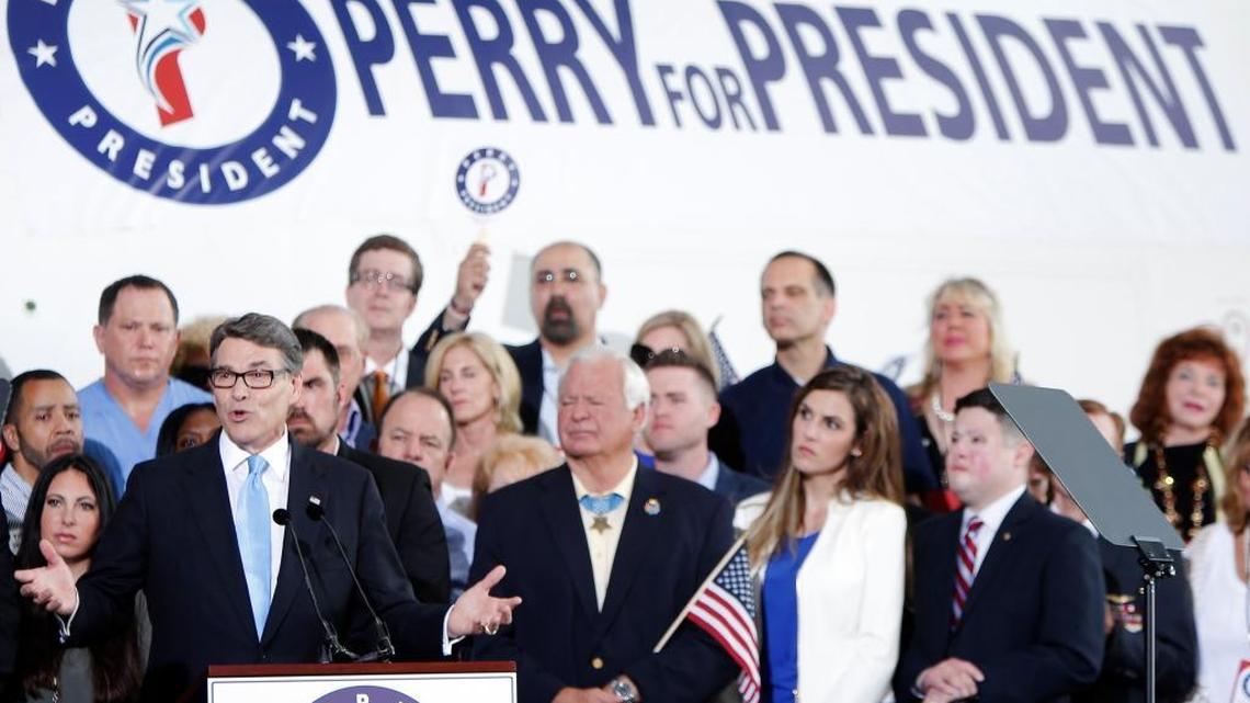 Former Texas Gov. Rick Perry announces his second presidential bid during during a rally at the Addison airport, June 4, 2015. Perry will testify before the U.S. Senate on Thursday after being nominated as secretary of energy under President-elect Donald Trump.