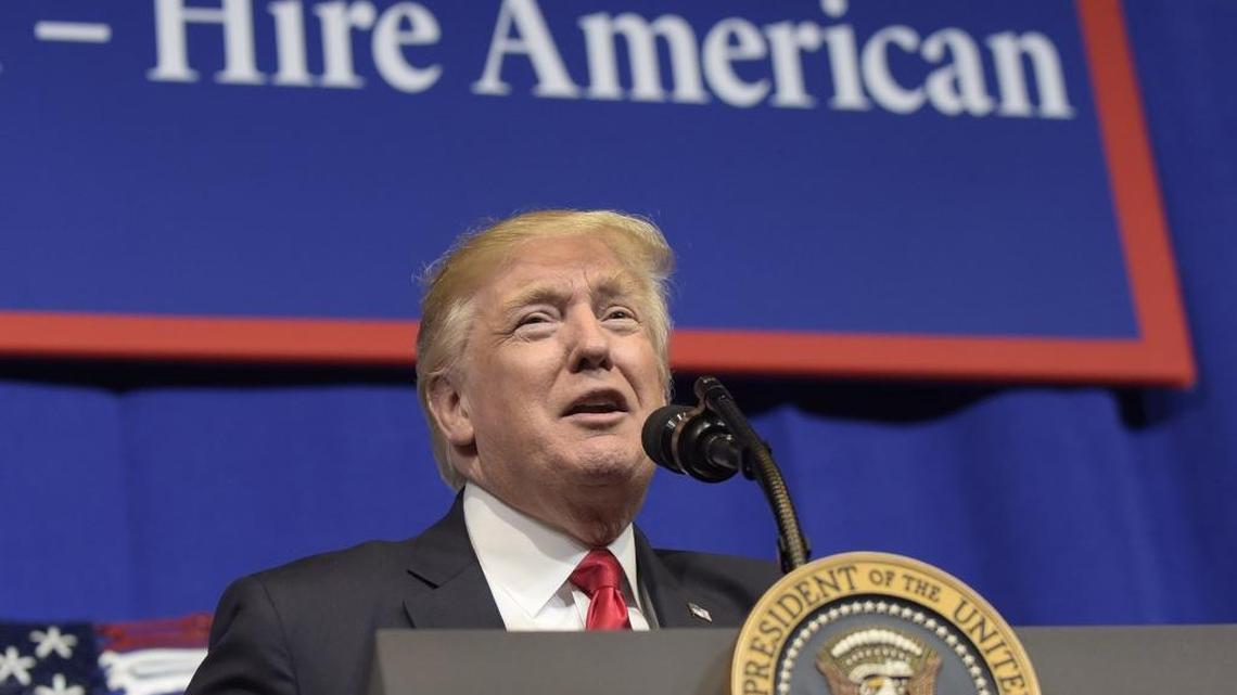 President Donald Trump speaks at tool manufacturer Snap-on Inc. in Kenosha, Wis., Tuesday, April 18, 2017. Trump visited the headquarters of tool manufacturer Snap-on Inc., and later signed a an executive order that seeks to make changes to a visa program that brings in high-skilled workers.