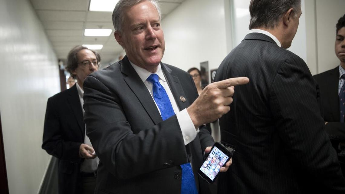 In this July 28, 2017, file photo, Rep. Mark Meadows, R-N.C., emerges from a House Republican Conference meeting on Capitol Hill in Washington.