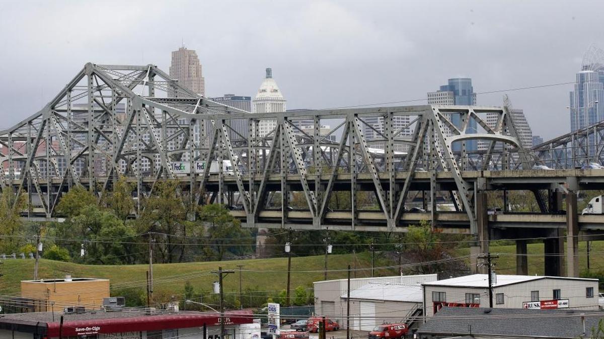 In this Oct. 7, 2014, file photo, traffic on the Brent Spence Bridge passes in front of the Cincinnati skyline while crossing the Ohio River to and from Covington, Ky. The Brent Spence Bridge is carrying tens of thousands more vehicles a day than it was designed to handle, with accidents reaching an all-time high in 2015, but maintenance officials maintain it remains structurally sound, The Cincinnati Enquirer reported Feb. 14, 2017.