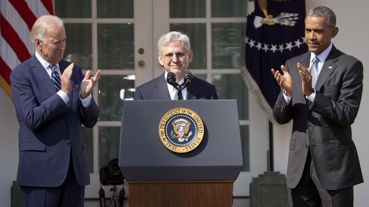 Federal appeals court judge Merrick Garland, receives applauds from President Barack Obama and Vice President Joe Biden as he is introduced as Obama's nominee for the Supreme Court during an announcement in the Rose Garden of the White House, in Washington on Wednesday.