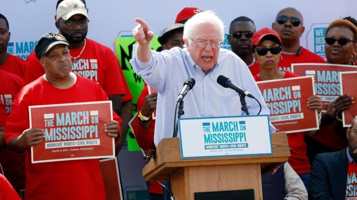 Vermont’s Democratic Party has elected the nation’s first Muslim party chairman. Vermont is also home to independent U.S. Sen. Bernie Sanders, who here addresses thousands at a pro-union rally near Nissan Motor Co.'s Canton, Miss., plant, Saturday, March 4, 2017.