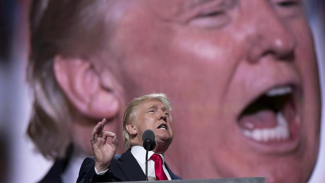 Donald Trump speaks during the final day of the Republican National Convention in Cleveland, Thursday, July 21, 2016. Trump has spoken out in defense of Roger Ailes, the former Fox News chief ousted after sexual harassment claims.
