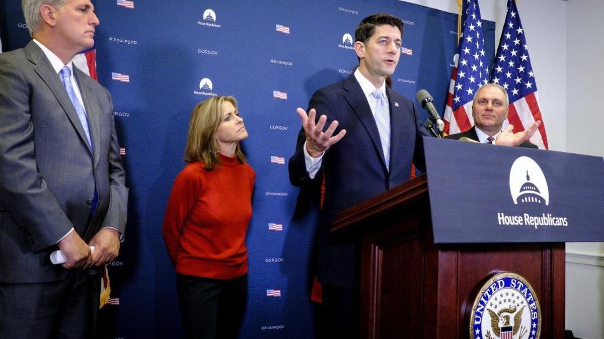 House Speaker Paul Ryan, R-Wis., speaks as House Majority Leader Kevin McCarthy, R-Calif. (left), listens during a news conference after a House Republican Conference meeting at the U.S. Capitol in Washington on Nov. 15, 2016.