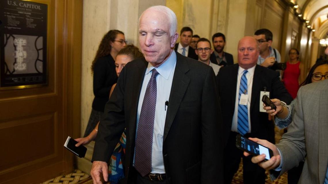Sen. John McCain, R-Az., is pursued by reporters after casting a ‘no’ vote on a a measure to repeal parts of former President Barack Obama’s health care law, on Capitol Hill in Washington, Friday, July 28, 2017. Conservative activists are frustrated with Republican inability to repeal the law.