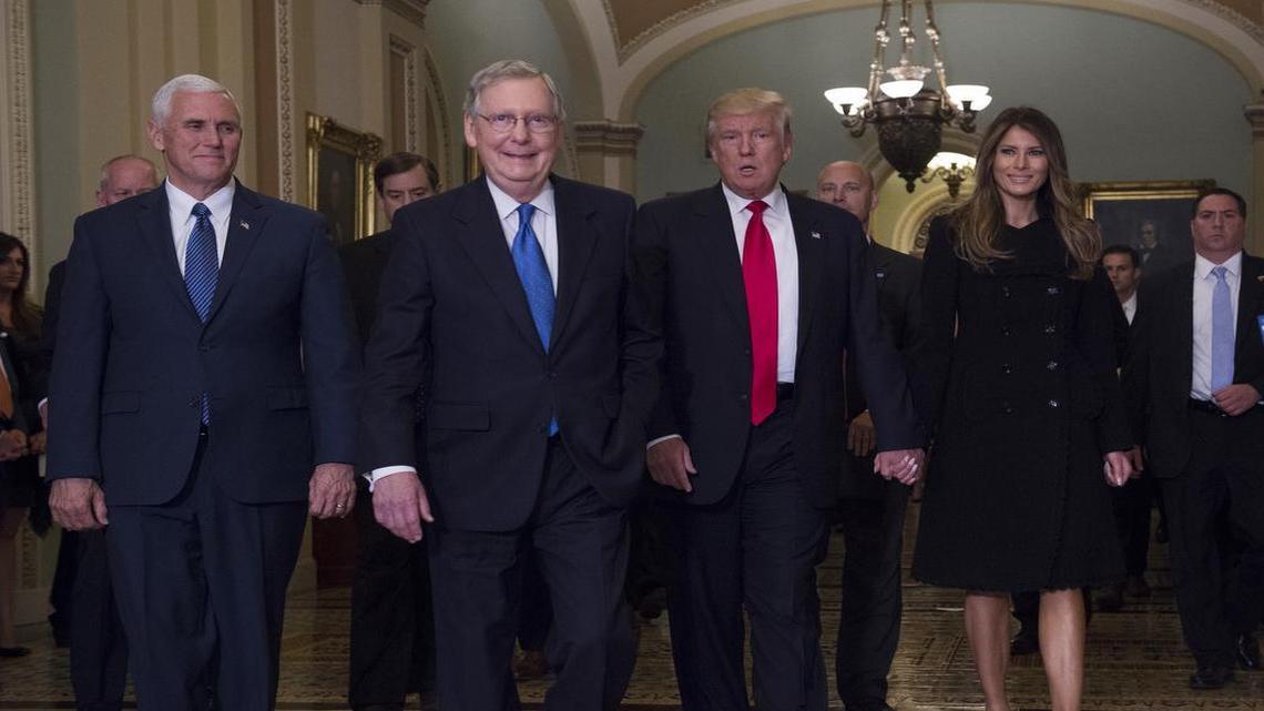 President-elect Donald Trump, his wife Melania, and Vice President-elect Mike Pence, walk with Senate Majority Leader Mitch McConnell of Ky., on Capitol Hill Thursday, Nov. 10, 2016.