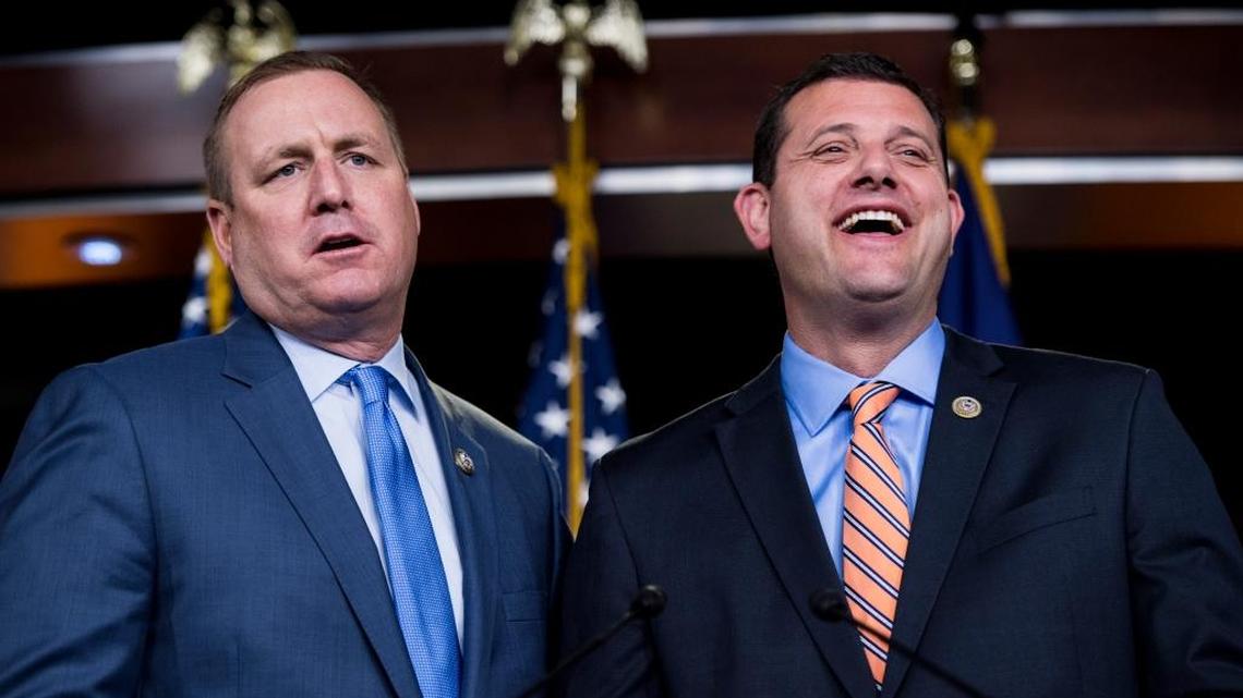 Reps. Jeff Denham, R-Calif., left, and David Valadao, R-Calif., could face a political struggle as they consider the latest Republican-driven farm bill.