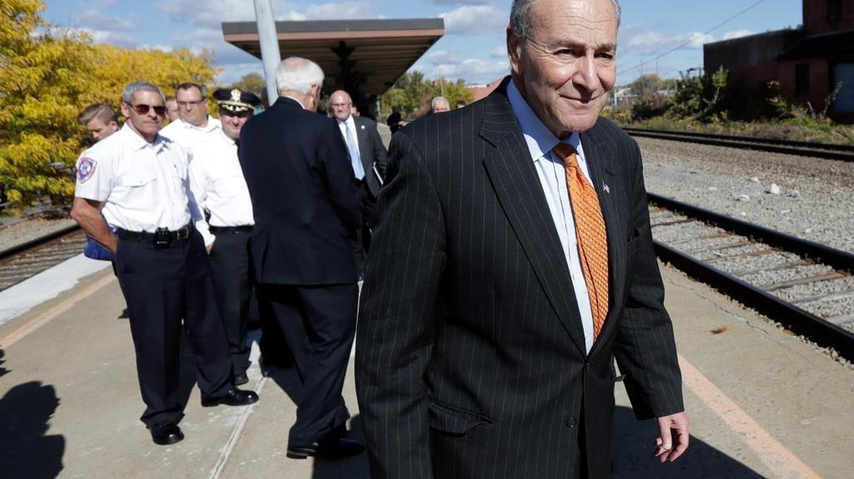 Sen. Charles Schumer, D-N.Y., arrives for a news conference on train safety in Schenectady, N.Y. on Oct. 19, 2016.