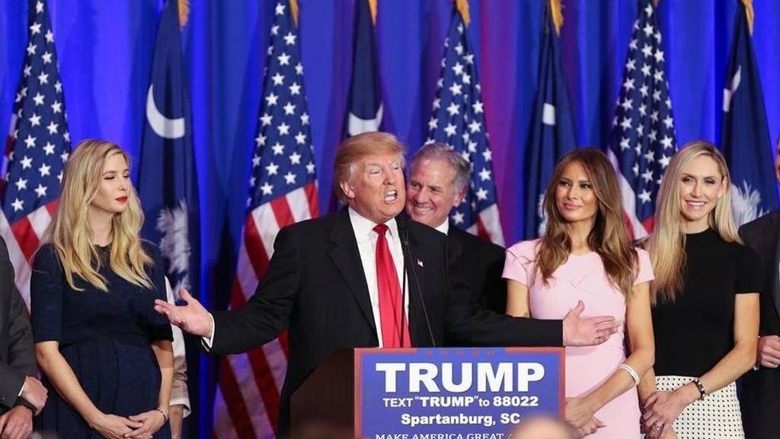 Donald Trump thanks South Carolina with family members and South Carolina Lt. Gov. Henry McMaster during his watch party at the Spartanburg Marriott Heritage Ballroom. February 20, 2016