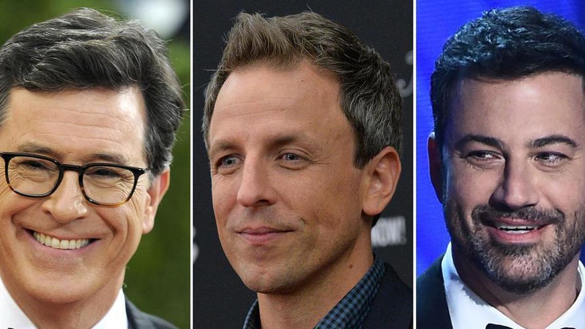 TV hosts Stephen Colbert, left, Seth Meyers and Jimmy Kimmel all commented on Trump and the events in Charlottesville.