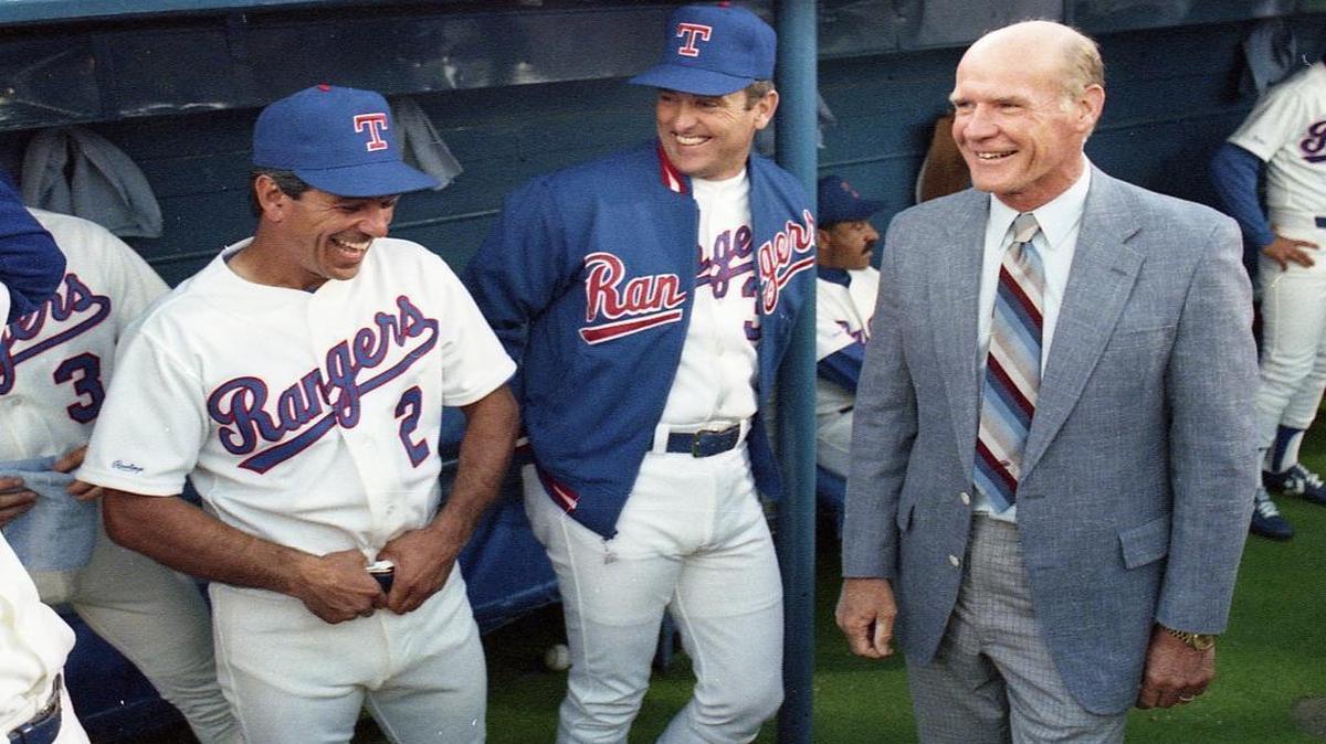 Texas Rangers manager Bobby Valentine, pitcher Nolan Ryan and former Dallas Cowboys coach Tom Landry in the dugout in Arlington Stadium before the Rangers played on opening day April 1989. Valentine is under consideration to be ambassador of Japan under President-elect Donald Trump.