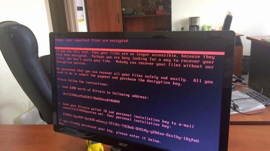 A computer screen cyberattack warning notice reportedly holding computer files to ransom, as part of a massive international cyberattack, at an office in Kiev, Ukraine, Tuesday June 27, 2017.