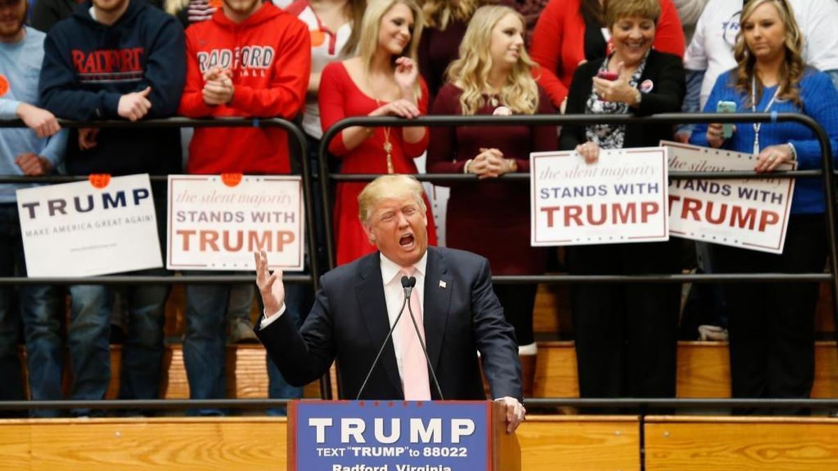 Republican presidential candidate Donald Trump gestures while speaking during a rally at Radford University in Radford, Va., Monday, Feb. 29, 2016.