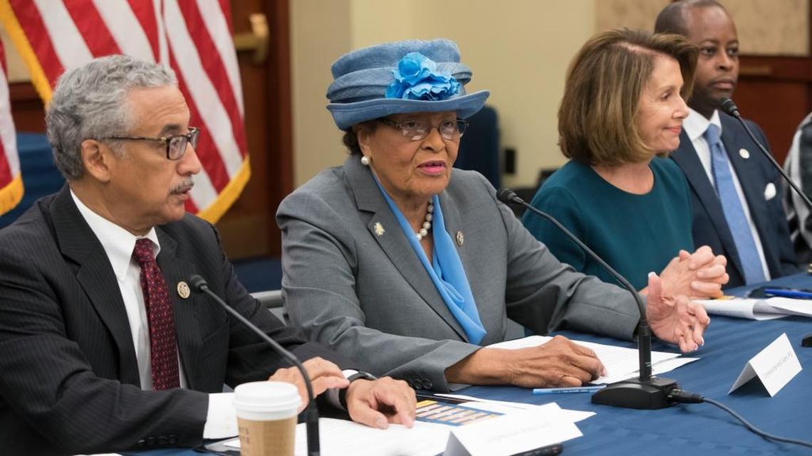 Members of the Historically Black Colleges and Universities Caucus, from left, Rep. Bobby Scott, D-Va., Rep. Alma Adams, D-N.C., House Minority Leader Nancy Pelosi, D-Calif., and Wayne A.I. Frederick, president of Howard University, discuss Democratic priorities for the future of HBCUs, on Capitol Hill.