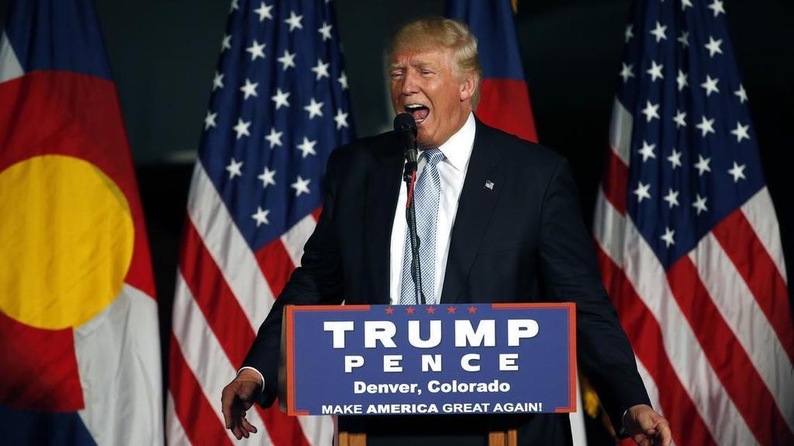 Republican presidential candidate Donald Trump speaks during a campaign rally, at the Wings Over the Rockies Air & Space Museum, in Denver, July 29, 2016.