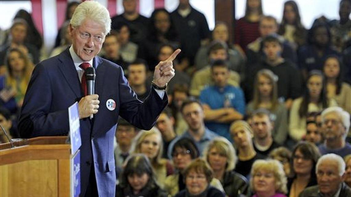 Former President Bill Clinton addresses a crowd of about 1,200 at Erie Hall at Penn State Behrend in Harborcreek Township, near Erie, Pa., Friday, April 8, 2016.