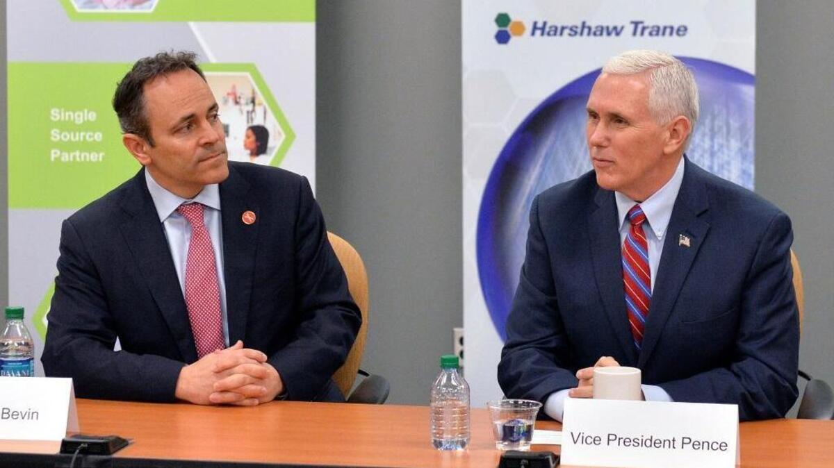 Vice President Mike Pence, right, and Kentucky Gov. Matt Bevin address a group of business owners to gather support for the repeal and replacement of the Affordable Care Act at the Harshaw Trane Parts and Distribution Center, Saturday, March. 11, 2017, in Louisville, Ky.
