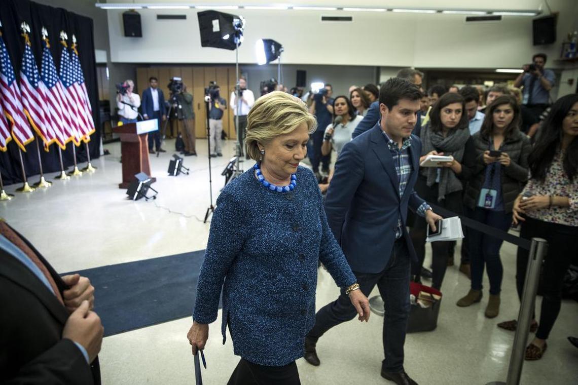 Hillary Clinton leaves after a news conference on the day the FBI wrote Congress to inform them that its investigation of her had been re-opened, at a campaign stop in Des Moines, Iowa, Oct. 28, 2016. Polls almost immediately showed Clinton’s support declining, one of many ways FBI Director James Comey’s decisions helped shape the 2016 election.