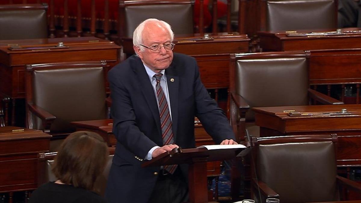 In this image from Senate Television video, Sen. Bernie Sanders, I-Vt., pauses as he speaks Wednesday, June 14, 2017, on the Senate floor at the Capitol in Washington, about the shooting at the Republican congressional baseball practice.