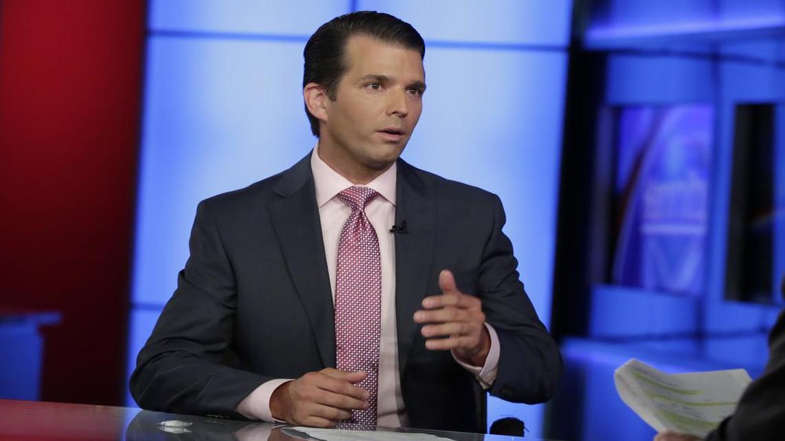 In this photo taken July 11, 2017, Donald Trump Jr. is interviewed by host Sean Hannity on his Fox News Channel television program, in New York.