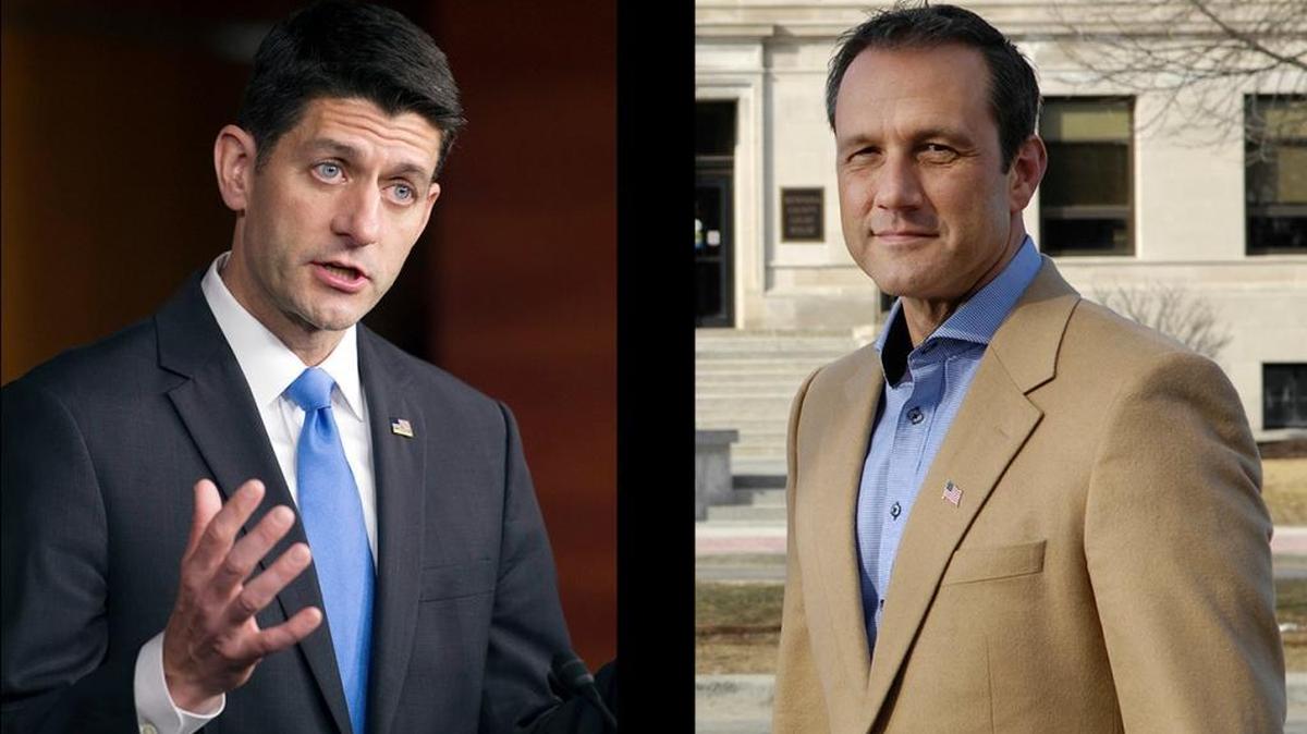 House Speaker Paul Ryan, left, faces Wisconsin business executive Paul Nehlen in a Republican primary challenge in August. Nehlen's run faces extremely long odds, but he's received backing from 2008 GOP vice-presidential candidate Sarah Palin and conservative pundit Michelle Malkin.