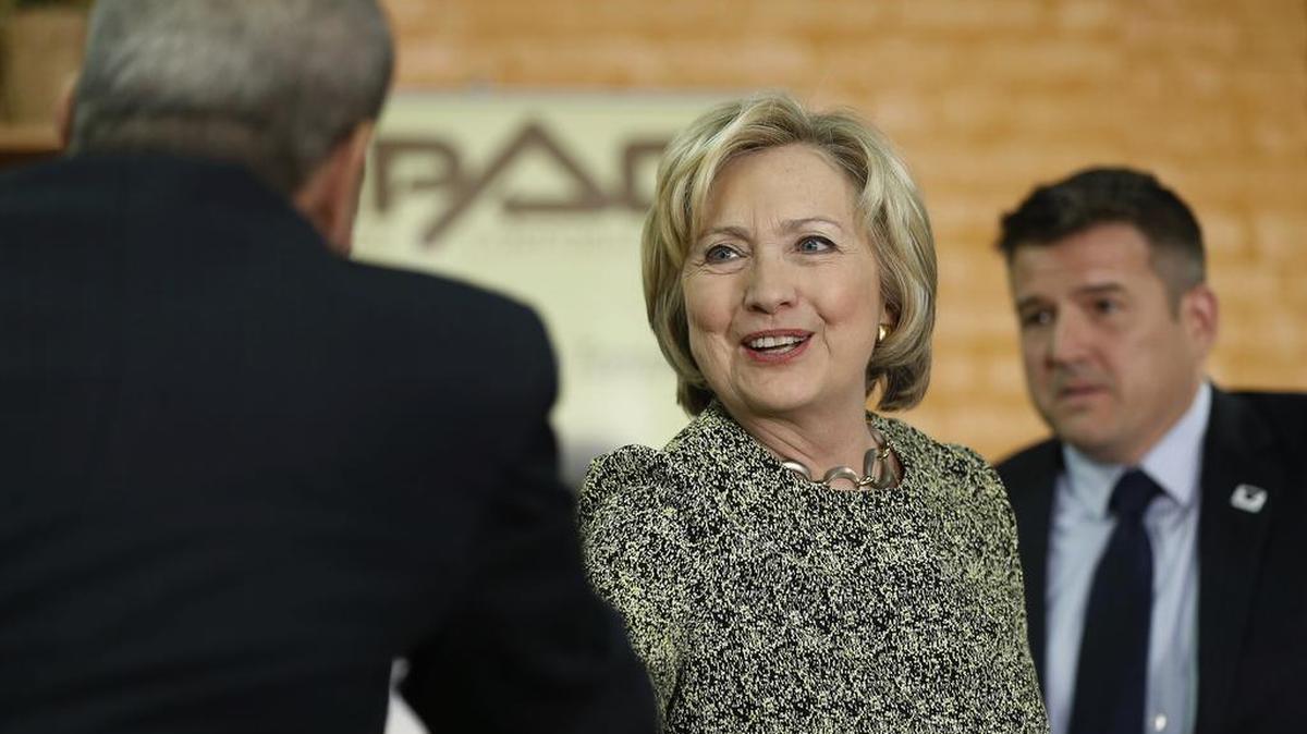 Democratic presidential candidate Hillary Clinton, seen at a Philadelphia campaign stop Wednesday, has seen a double-digit lead over Bernie Sanders shrink to 7 percentage points in the June 7 California primary.