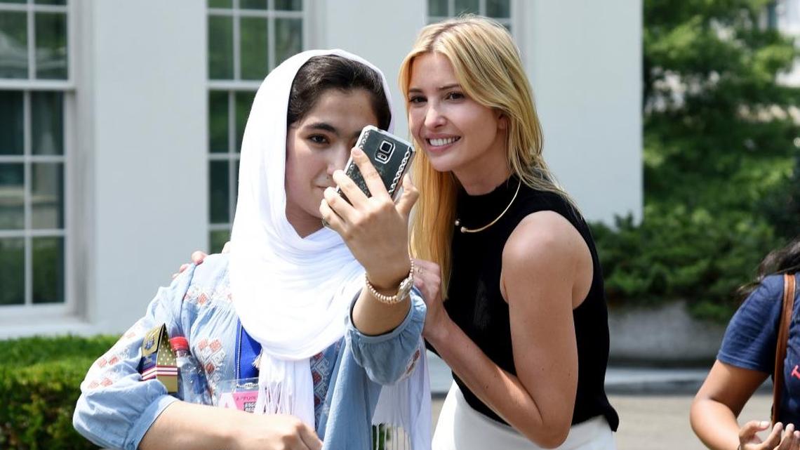 Ivanka Trump poses for a selfie with students in front of the West Wing at the White House, on July 20, 2017 in Washington, DC. She maintains an active Instagram presence.