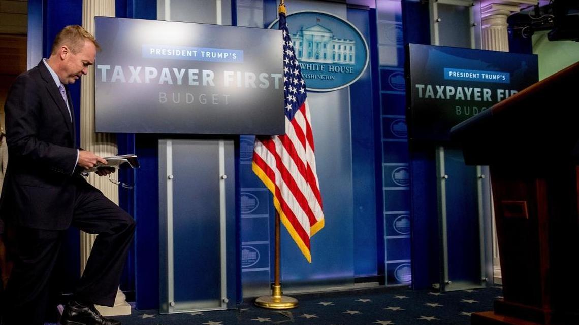 Budget Director Mick Mulvaney arrives to speak to the media about President Donald Trump’s proposed fiscal 2018 federal budget, Tuesday, May 23, 2017, in the Press Briefing Room of the White House in Washington.