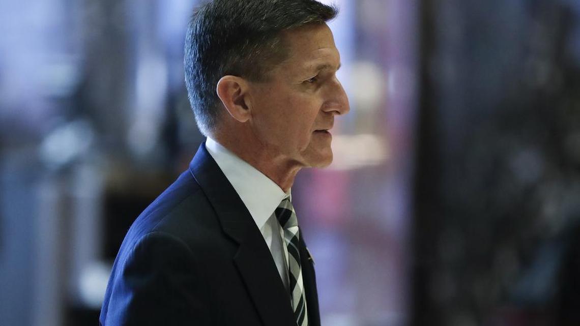 Retired Lt. Gen Michael Flynn walks through the lobby at Trump Tower, Thursday, Nov. 17, 2016, in New York.