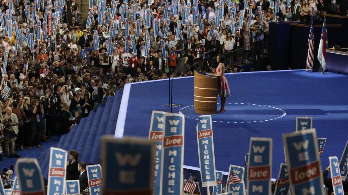 First lady Michelle Obama speaks to delegates at the Democratic National Convention in Charlotte, N.C., in 2012.