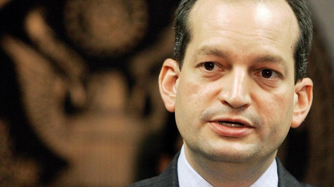 In this Sept. 17, 2008, file photo, Labor Secretary-designate Alexander Acosta speaks in Miami.