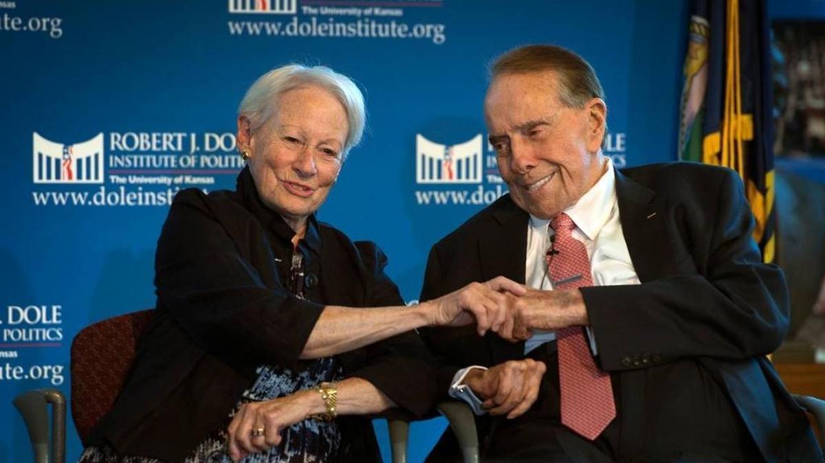 Former Sen. Bob Dole appears with former Sen. Nancy Kassebaum Baker at the Robert J. Dole Institute of Politics in Lawrence, Kan., in September 2016.
