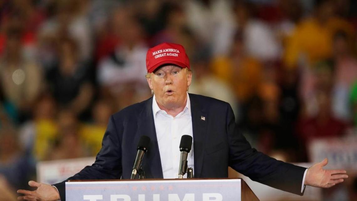 Then-candidate Donald Trump speaks during a campaign pep rally, Friday, Aug. 21, 2015, in Mobile, Ala.